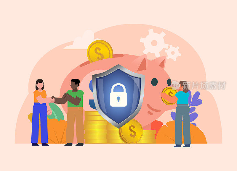 Savings, deposit, money under protection. Financial security guarantee. People stand near big piggy bank, shield. Poster for social media, web page, banner, presentation